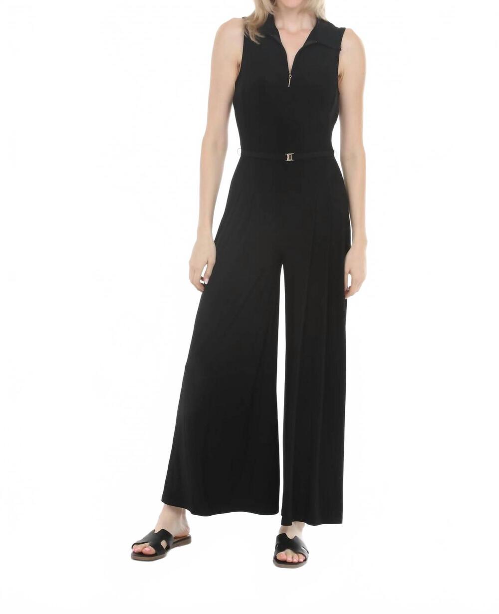 NEW JOSEPH RIBKOFF silky knit zip front wide-leg jumpsuit in black